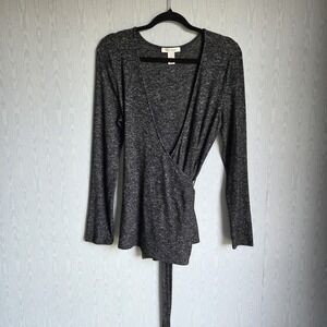 White House Black Market Women's S Wrap Top Sweater Long Line Heathered Gray